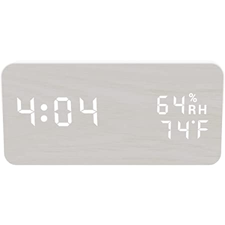 Atena home 目覚まし時計 置き時計 LEDアラーム 温度 湿度表示 デジタル 明るさ調節 音声感知木目調 シンプル 15×7×4.5 (ホワイト)