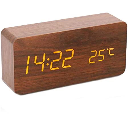 目覚まし時計 デジタル 木製 大音量 置き時計 温度湿度計 木目調デジタル 置き時計 大きなLED数字表示 アラーム 多機能 カレンダー付き 省エネ 音声感知 USB給電/電池 ナチュラル風 (黒・白字)