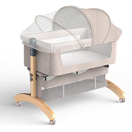 Maydolly（メイドリ） 折畳式添い寝 ベビーベッド コンパクトで収納便利 揺籃に変身可能 収納便利 高さ調節可能 キャスター付き 収納かごつき かやつき マットつき 新生児0-36ヶ月 (ピンク)