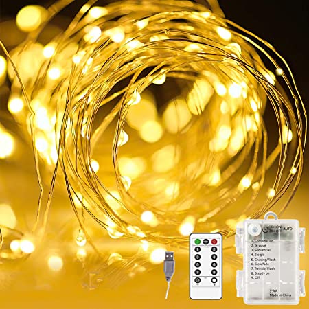 LEDイルミネーションライト 2枚10M100球 USB式 リモコン付き 防水 防塵仕様 8種類の点滅モード 調光可能 屋内 屋外兼用 正月 クリスマス装飾 銅線ワイヤーライト ガーデンライト ロープライト(ウォームホワイト)