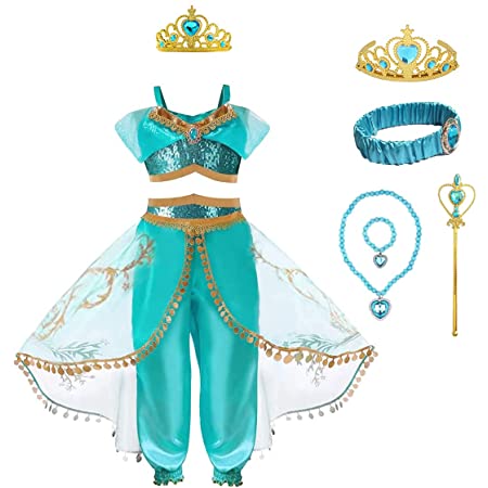 ジャスミン風 プリンセス ドレス 子供 お姫様 コスプレ 衣装 アラビア風 5点セット (140, ブルー)