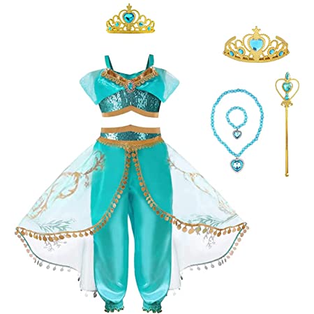 ジャスミン風 プリンセス ドレス 子供 お姫様 コスプレ 衣装 アラビア風 5点セット (140, ブルー)