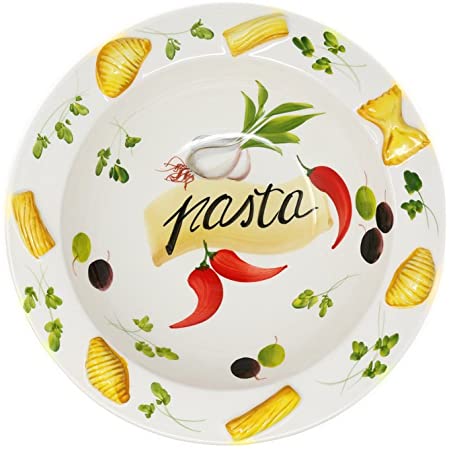 パスタ柄 ラウンドボウル 26×26 h8 イタリア製 ハンドメイド 食器 サラダ・パスタ用 白地 手作り 皿 陶器 pa3