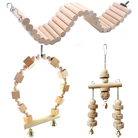 [FUPUTWO] インコ 鳥 おもちゃ 吊り下げ ブランコ 止まり木 木製 アスレチック セット (3点セット)