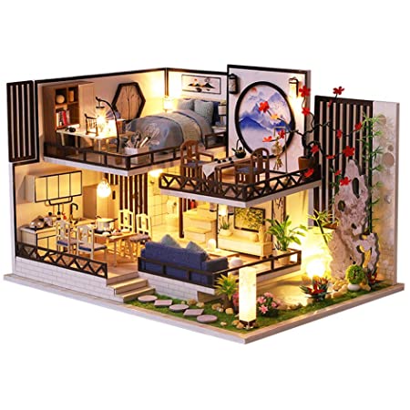 CuteBee DIY木製ドールハウス 、赤レンガ造りの家、ミニチュアコレクション、防塵カバー付き(L201)