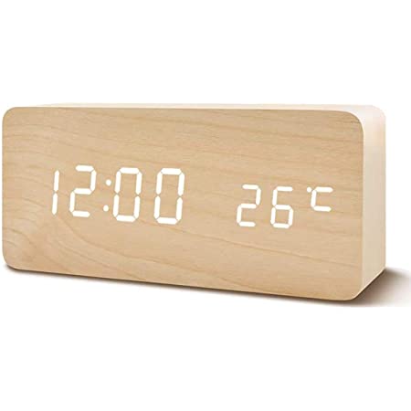 ALS目覚まし時計 置き時計 木目調 LEDデジタル 時計 木製時計 音声感知 温度湿度計 アラームクロック 記憶機能 USB給電式 乾電池二つ給電方法