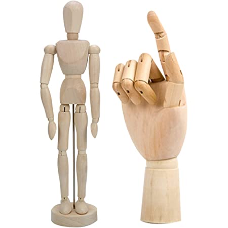 Zakya デッサン人形 2点セット 木製 人形 ハンド 右手 マネキン 関節 可動 美術 インテリア アクセサリースタンド （人形×1 + ハンド×1） (人型＋右手)