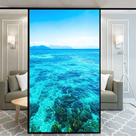 89cm幅x高100cm 窓用フィルム 美しい 青い海 装飾用 目隠しシート カスタマイズ可能 すりガラス調 ガラスフィルム 窓 めかくしシート 断熱遮熱シート目隠し 静電吸着 水で貼る 貼り直し可能