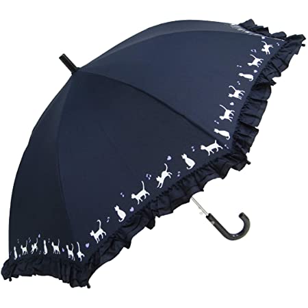 子供用 晴雨兼用日傘 UVカット ネコ柄 フリル付 身長140cmくらいまでのお子様に最適 （55cm,紺)