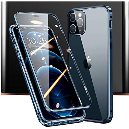 JCGOOD iPhone 12 Pro Max ケース 360°全面保護 前後透明強化ガラス スクリーン保護フィルム付き マグネット式 アルミ バンパー カバー 軽量 薄型 ワイヤレス充電対応 スマホケース 12 6.7インチ (iPhone12Pro Max, ブルー)