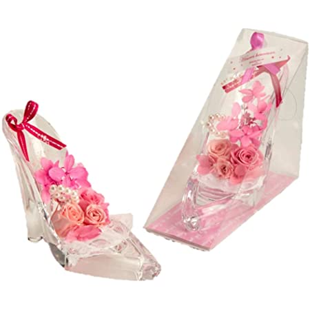 Azurosa(アズローザ) プリザーブドフラワー ギフト 枯れない花 ガラスの靴 シンデレラ クリアヒール ハイヒール 薔薇 (マドレーヌピンク) メッセージカード付