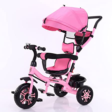 三輪車子供用折りたたみ 3 in Tricycle 乗用玩具 幼児用トライク9ヶ月から6歳まで使える ノーパンクタイヤ 手押し棒付き サンシェード お出かけ 乗用玩具 プレゼントに最適,ピンク