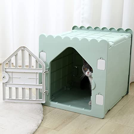 PetBus木製の猫の家　猫ハウス　猫ベッド　リビング置き　ドア付きペット猫ハウス　はめ込み式で　組み立て簡単　猫用　　小型犬用　小動物用　愛犬　お昼寝　綿の敷物付き　星柄ふわふわ(2階だて)
