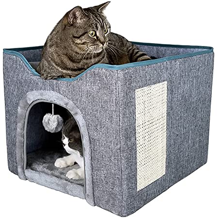 PetBus木製の猫の家　猫ハウス　猫ベッド　リビング置き　ドア付きペット猫ハウス　はめ込み式で　組み立て簡単　猫用　　小型犬用　小動物用　愛犬　お昼寝　綿の敷物付き　星柄ふわふわ(2階だて)