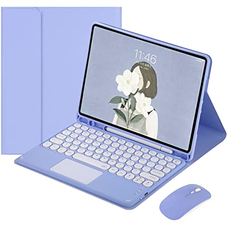 iPad 第 6 世代 5 世代 9.7インチ Air2 キーボード ケース マウス セット タッチパッド搭載 丸いキー 2021新型 在宅 ワーク ペン収納 アイパッド6 アイパッド5 カバー Bluetooth カラーキーボード付き (iPad5/iPad6/Air2, 紫)