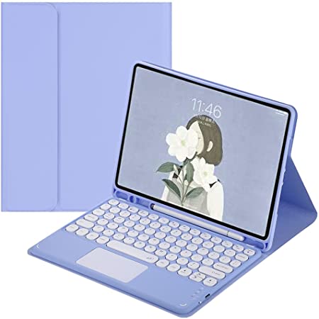 iPad 第 6 世代 5 世代 9.7インチ Air2 キーボード ケース マウス セット タッチパッド搭載 丸いキー 2021新型 在宅 ワーク ペン収納 アイパッド6 アイパッド5 カバー Bluetooth カラーキーボード付き (iPad5/iPad6/Air2, 紫)
