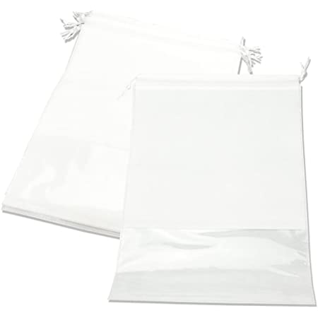 不織布 収納袋 巾着 通気性 透明窓付き 衣類収納 靴袋 シューズバッグ 白 (31cm×43cm 10枚セット)