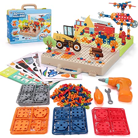 LITTLE COW DIY組み立ておもちゃ 子供 電動ドリル ネジ 積み木 ブロック カラフル　建設おもちゃセット 収納ボックス付き　大工さん　知育玩具 誕生日 プレゼント (331PCS)