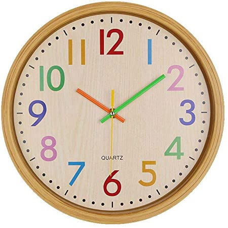 WEIXIN 壁掛け時計 ウオールクロック サイレント カラフル アラビア数字 木目 シンプル 時計 子供部屋 幼稚園