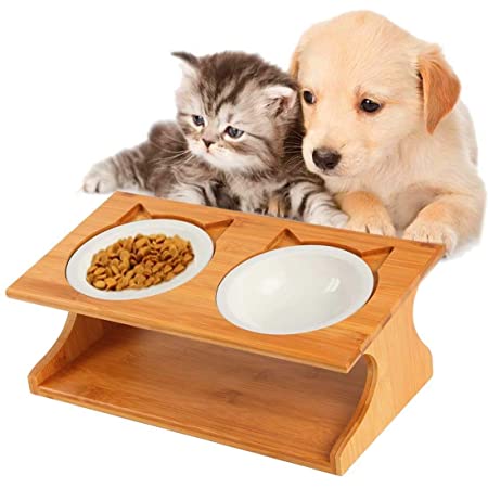 餌入れ 竹製 ペット用食器台 犬用 猫用 食器台 餌台 犬猫えさ入れ ごはん皿 水入れ フードボウルスタンドセット