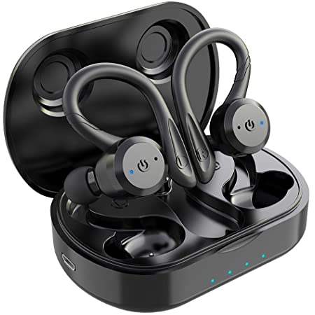 Bluetoothイヤホン スポーツ ワイヤレスイヤホン Hi-Fi サウンド 耳掛け 落ちないフィット感 低遅延 片耳/両耳モード 5.5H/25H再生 タッチコントロール 自動ペアリング マイク内蔵 USB-C急速充電 IPX5防水 音量調整 通勤/ジム/マラソン ランニング 説明書(黒)