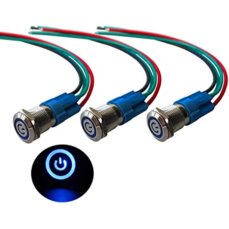 Seliwirkt 3個 青色LED 12mm押しボタンスイッチ、12V / 24V 3A モーメンタリプッシュボタンスイッチ、 IP66防水 金属製押しボタンスイッチ、ソケットプラグワイヤー付き