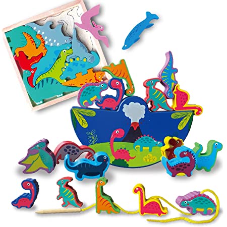 [island-banana] 恐竜 パズル モンテッソーリ 木のおもちゃ 恐竜 おもちゃ 木製パズル ひもとおし おもちゃ 紐とおし 知育玩具 パズル ゲーム 木製 遊び方たくさん プレゼント ギフトにも