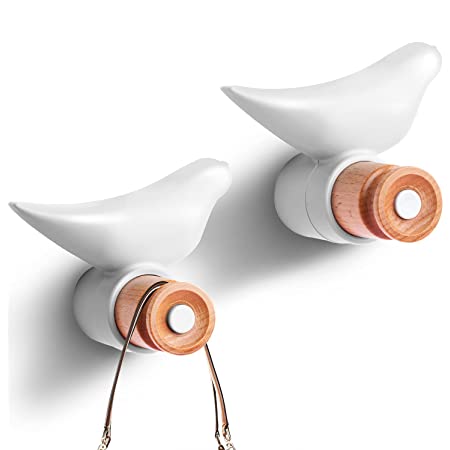 MITLOXX 装飾的 壁 フック 2個 パック モダン ユニーク 鳥 デザイン ハンギング コート 帽子 タオル など用 ナチュラル ビーチウッド ペグ と ABS バード ホワイト