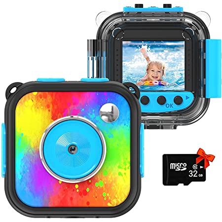 キッズカメラ防水子供用デジタルスポーツカメラ水中屋外自転車用ヘルメットカメラクリスマス誕生日プレゼント男の子と女の子がカメラのおもちゃを学ぶ32GBSDカード付きHDビデオカメラ（カラーグラフィティ） (青)