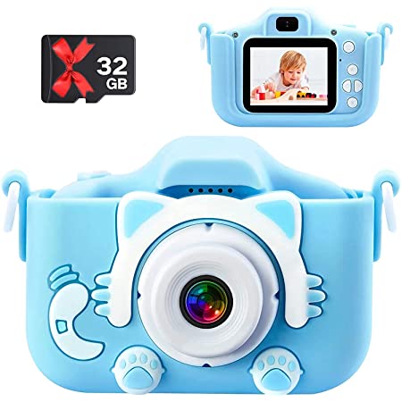 キッズカメラ防水子供用デジタルスポーツカメラ水中屋外自転車用ヘルメットカメラクリスマス誕生日プレゼント男の子と女の子がカメラのおもちゃを学ぶ32GBSDカード付きHDビデオカメラ（カラーグラフィティ） (青)