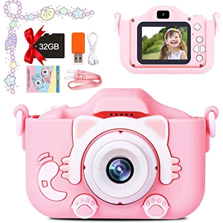 子供用カメラ デジタルカメラ 2000万画素 トイカメラ 写真 動画 自撮可能 MP3 タイマー撮影 キッズカメラ 1080P HD 8倍拡大 子供の日 誕生日 32G SDカード 日本語説明書付き (pink)