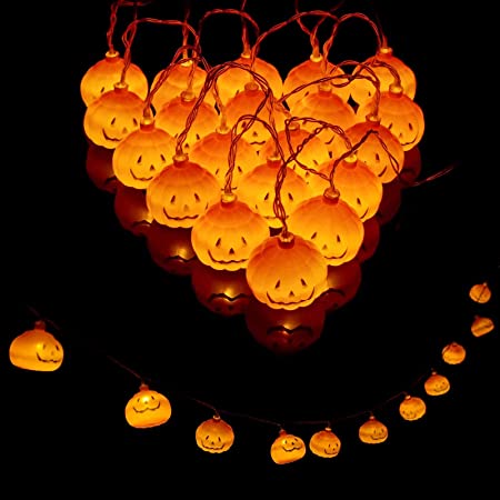 ハロウィン 飾り かぼちゃ ライト 金属プレート コウモリステッカー12個付き 10灯1.65m 電池式 室内 （パンプキン＆ゴースト）