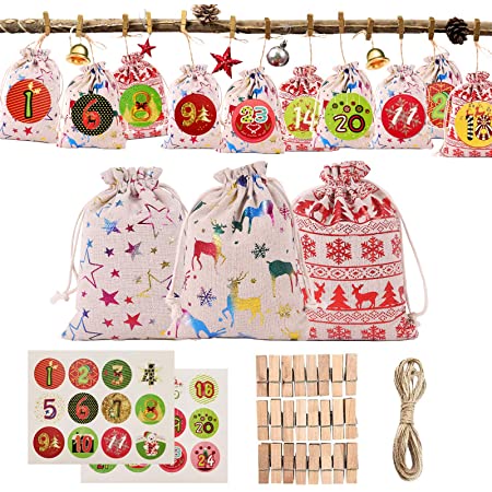 クリスマス 巾着袋 ラッピング袋 プレゼント 袋、クリスマスアドベントカレンダーバッグハンギングカレンダーキャンディーバッグガーランド