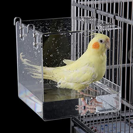 Hitasi 鳥 水浴び容器 バスタブ インコ 文鳥 小鳥用 アクリル 水浴び 容器 シャワー バスタブ 鳥用品 透明 巣箱 小動物シャワー用品 外掛け式バードバス 鳥風呂ハウス ペット用品 S?13*11*13