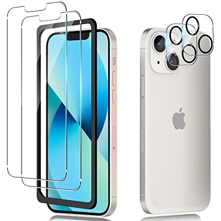 【4枚セット】iPhone13 用 ガラスフィルム（2枚入）+カメラフィルム（2枚入）Freesun ガイド枠付き 9H強化ガラス 【旭硝子製】iPhone13 液晶保護フィルム+レンズ保護フィルム 透過率99% 耐衝撃 汚れ防止 気泡防止 飛散防止 自動吸着 iPhone13 対応