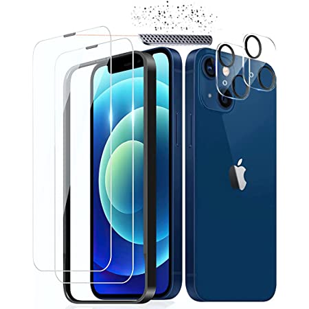 【4枚セット】iPhone13 用 ガラスフィルム（2枚入）+カメラフィルム（2枚入）Freesun ガイド枠付き 9H強化ガラス 【旭硝子製】iPhone13 液晶保護フィルム+レンズ保護フィルム 透過率99% 耐衝撃 汚れ防止 気泡防止 飛散防止 自動吸着 iPhone13 対応