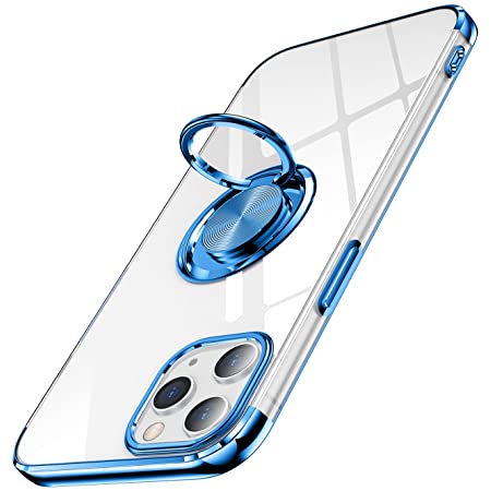 iPhone13Pro 用 ケース リング クリア 携帯ケース OURJOY スマホケース アイホン 13 Pro リング付きケース メッキ加工 透明 TPU 耐衝撃 スタンド機能 ストラップホール付き アイホン13プロ カバー・ブルー