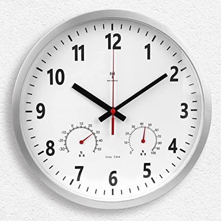 壁掛け時計 電波 温度 湿度 夜間無音 30cm/11.8inch 木目 白 アナログ 赤秒針 大数字 掛け時計 電波時計 大きい ナチュラル インテリア Kityoune Wall Clock