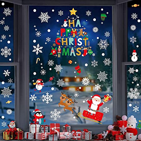 Buyaopade クリスマス ウォールステッカー 静電ステッカー 9シート クリスマスツリー 飾り 剥がせる 窓 雪の結晶 サンタクロース お正月 新年
