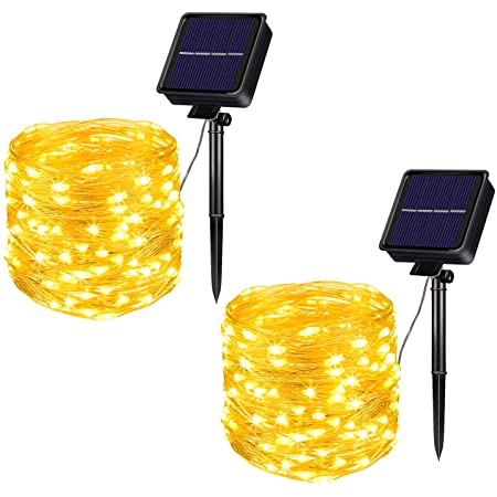 ブルーソーラーストリングライト、屋外ストリングライト50 LED (5M) フェアリーライトクリスマス (8モード )、パティオ、芝生、庭の装飾用の防水銅線ライ，2点セット