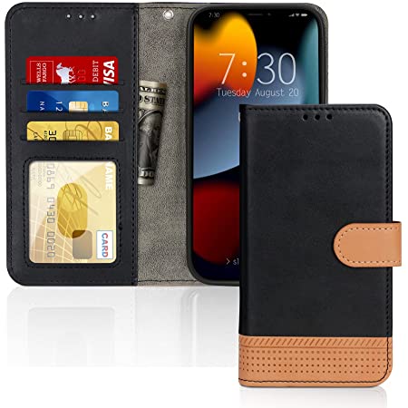 iPhone13 ケース 6.1インチ 対応 FYY 高級PUレザー 手帳型 カード収納 横置きスタンド機能 ストラップホール付き 財布型 スマホケース バイカラー 2021新型 アイフォン13 ケース あいふぉん13ケース カバー ブラック×カーキ