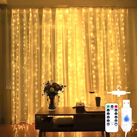 AmmToo LEDイルミネーションライト カーテンライト 8種モード 180LED電球 USB給電 窓飾り フェアリーライト ストリップライト リモコン付き タイマー機能 防水 屋外 室内 電飾 クリスマス/新年/結婚式/誕生日/祝日/パーティー (電球色, 2.7×1.8m)