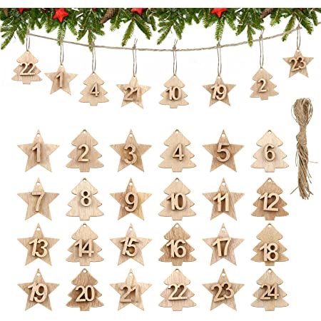 LEMESO クリスマスツリー オーナメント 飾り 木製 数字 ギフトタグ ナンバータグ アドベントカレンダー 作り カウントダウン ギフトシール 1～24まで
