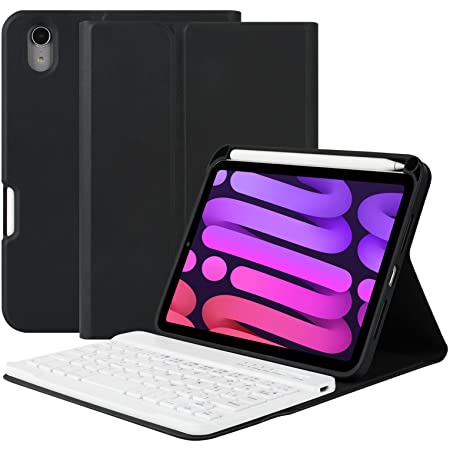 iPad Mini 6 2021キーボードケース，ワイヤレスマウス付き，分離式 7色バックライトワイヤレスBluetoothキーボード，iPad Mini 6世代2021かわいい キャンディーカラー レディース アイパッド 8.3インチカバー女性 人気，Apple Pencil 収納ペンスロット付，スタンド機能付き全面保護多角度調整手帳型 (iPad Mini 6 2021, 黒-B)