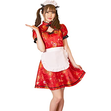 チャイナ メイド服 ふんわりスカート メイド服 コスプレ衣装 チャイナドレス/エプロン・セット/大きいサイズ 有 (レッド×黒スカート, XL)