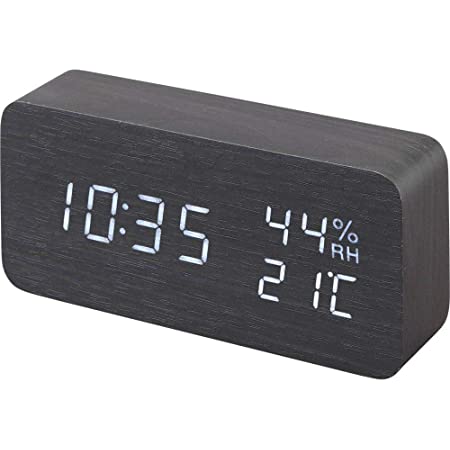 目覚まし時計 大音量 デジタル 木製 置き時計 温度湿度計 木目調デジタル 置き時計 大きなLED数字表示 アラーム 多機能 カレンダー付き 省エネ 音声感知 USB給電/電池 ナチュラル風 (黒・白字)