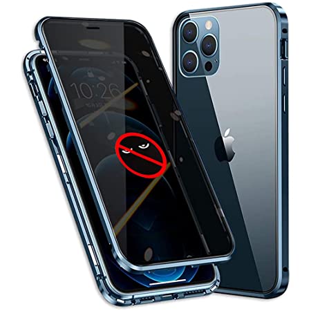 iPhone13 Pro 用 両面 ガラス ケース 覗き見防止 アイフォン 13プロ アルミ バンパー OURJOY スマホケース マグネット式 フルカバー 360° 全面保護 耐衝撃 擦り傷防止 磁石 クリア 携帯ケース カバー ワイヤレス充電対応 ・ブルー