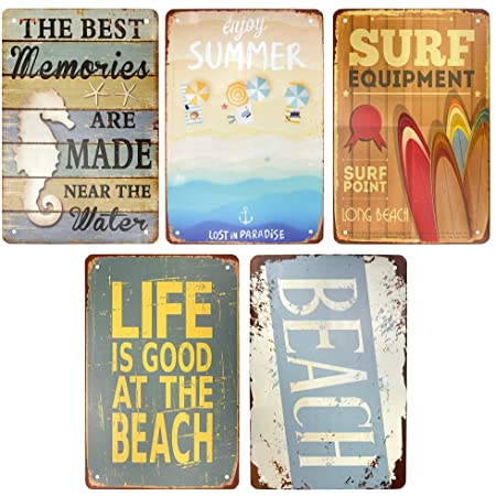 レトロ看板 インテリアプレート デザインボード ブリキ 海 ビーチ 壁掛け 装飾小物 雑貨 5枚セット