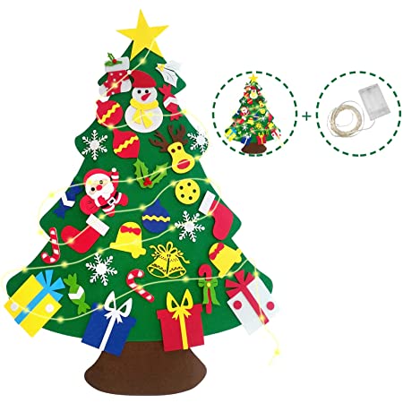 Vrbabies クリスマス飾り 壁掛け DIY手作りクリスマスツリー DIYフェルトクリスマスツリーセット 電飾付き オーナメント30個入りセット 取り外し可能なデコレーション かわいい　おしゃれ プレゼント デコレーション 贈り物