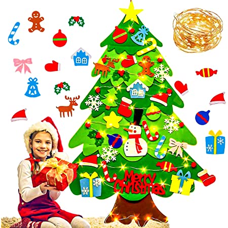 Vrbabies クリスマス飾り 壁掛け DIY手作りクリスマスツリー DIYフェルトクリスマスツリーセット 電飾付き オーナメント30個入りセット 取り外し可能なデコレーション かわいい　おしゃれ プレゼント デコレーション 贈り物